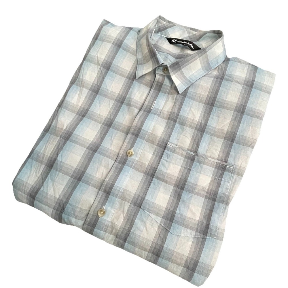 TRAVIS MATHEW Blue Plaid Short Sleeve Cotton Collared Button Up Shirt SIZE LARGE